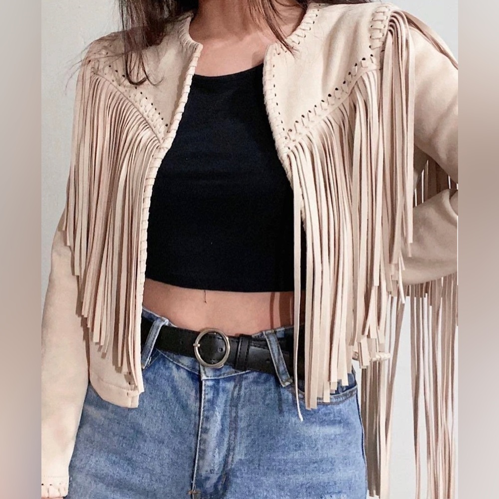 Faux Suede Fringe Jacket Beige Size Medium